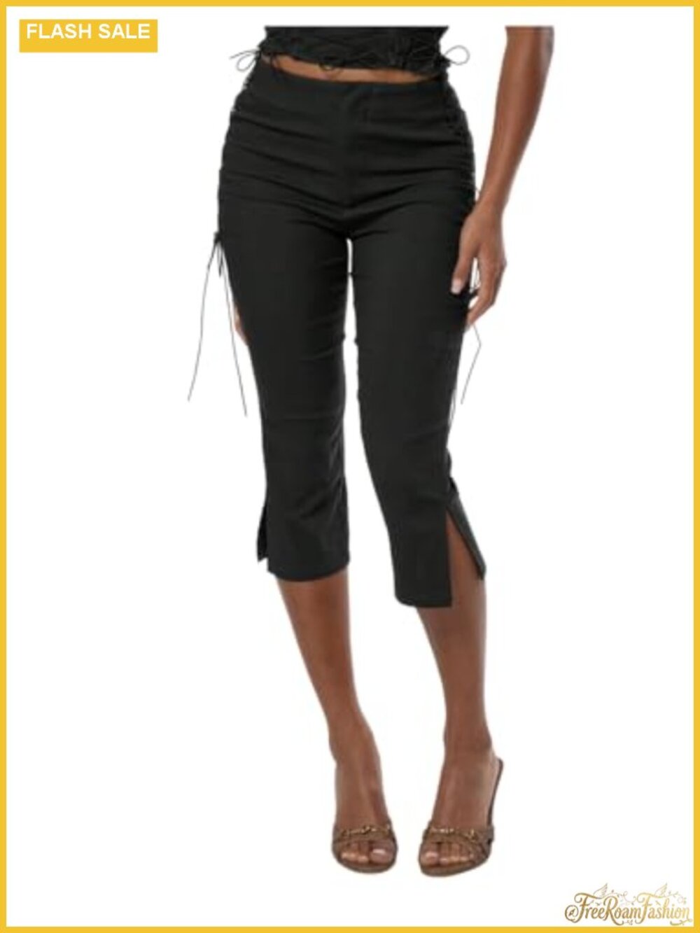 Women's Capri Leggings High Waisted Lace Up Y2K Pants Dressy Slit Hem